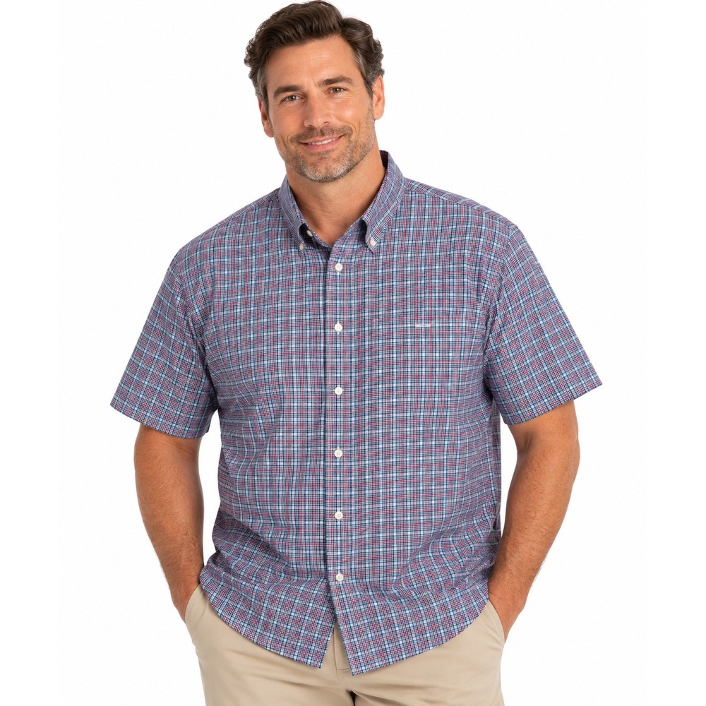 Lands End Mens XXL Blue Red Plaid Short Sleeve Button Down Shirt Cotton 18-18.5